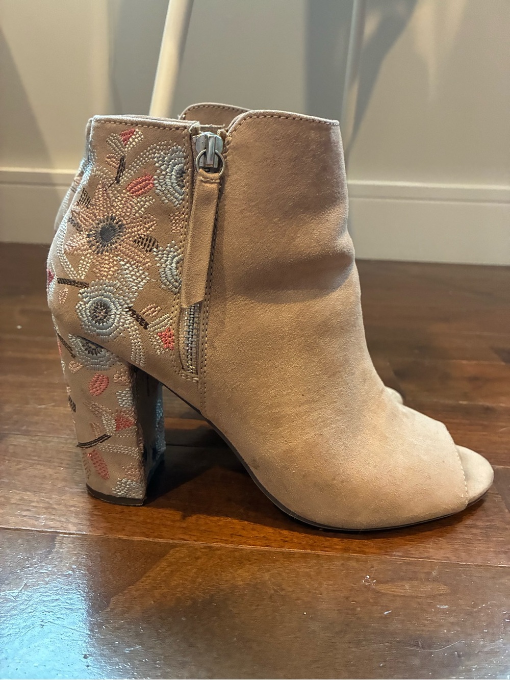 SO Tan Suede Peep-Toe Ankle Boots with Embroidered Heel